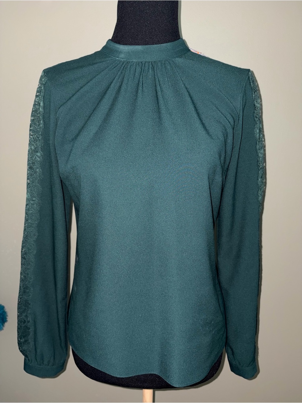 Brooks Brothers Dark Teal Lace-Trim Long Sleeve Blouse